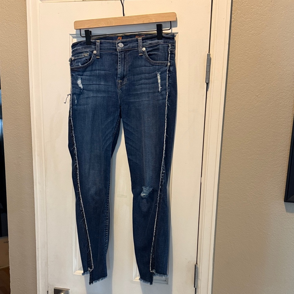 7 for All Mankind The Ankle Frayed Hem Asymmetrical Distressed Skinny Jeans